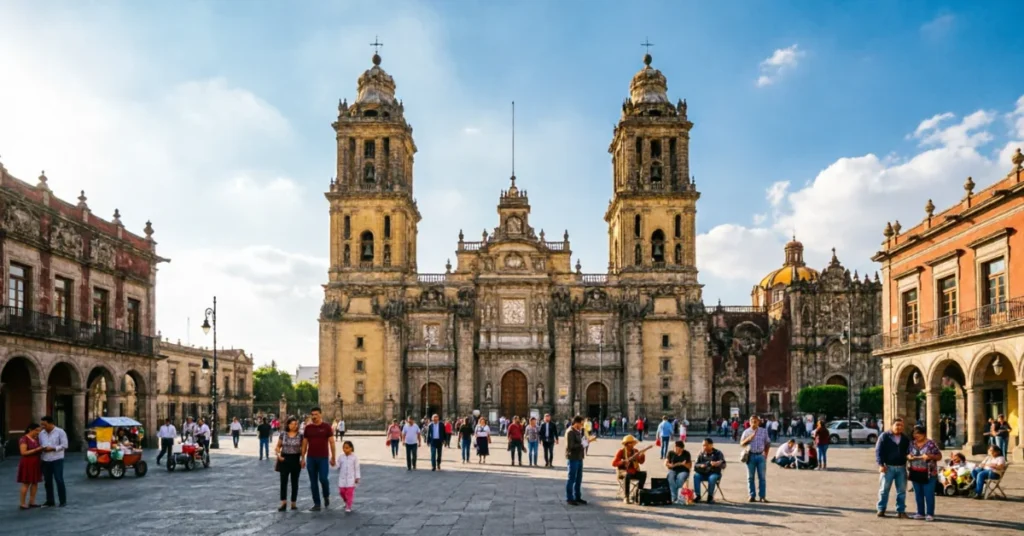 Locals and tourists walking in Mexico City's Zócalo plaza in front of the historic Metropolitan Cathedral