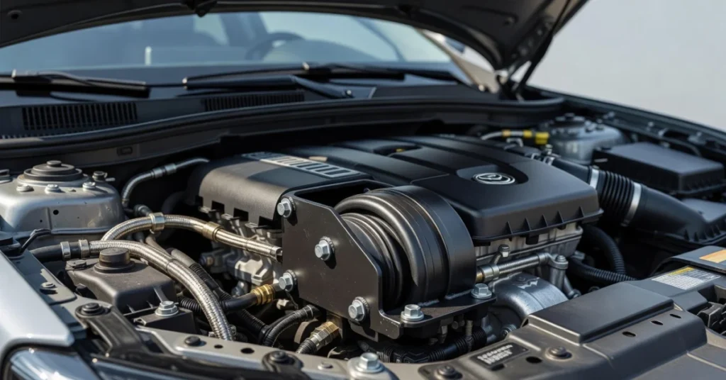 Clean modern car engine bay with DOHC engine cover