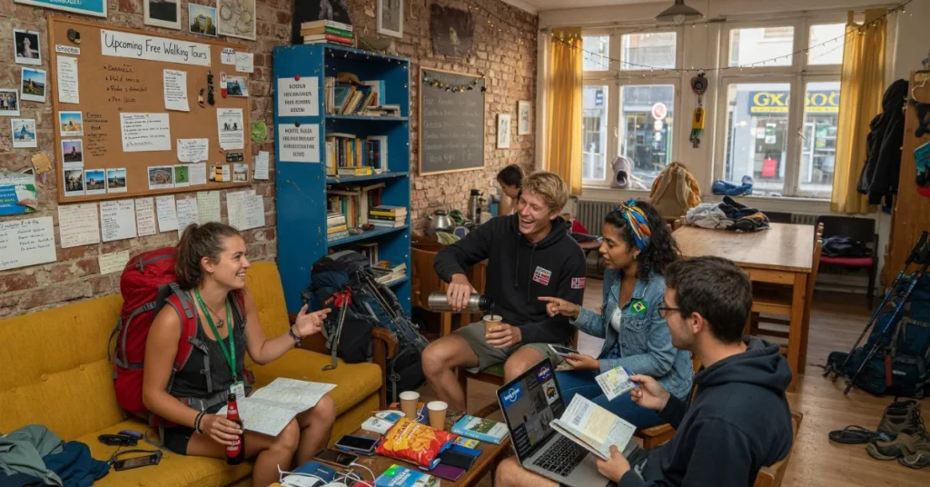 Solo travelers meeting in modern hostel common area with world map