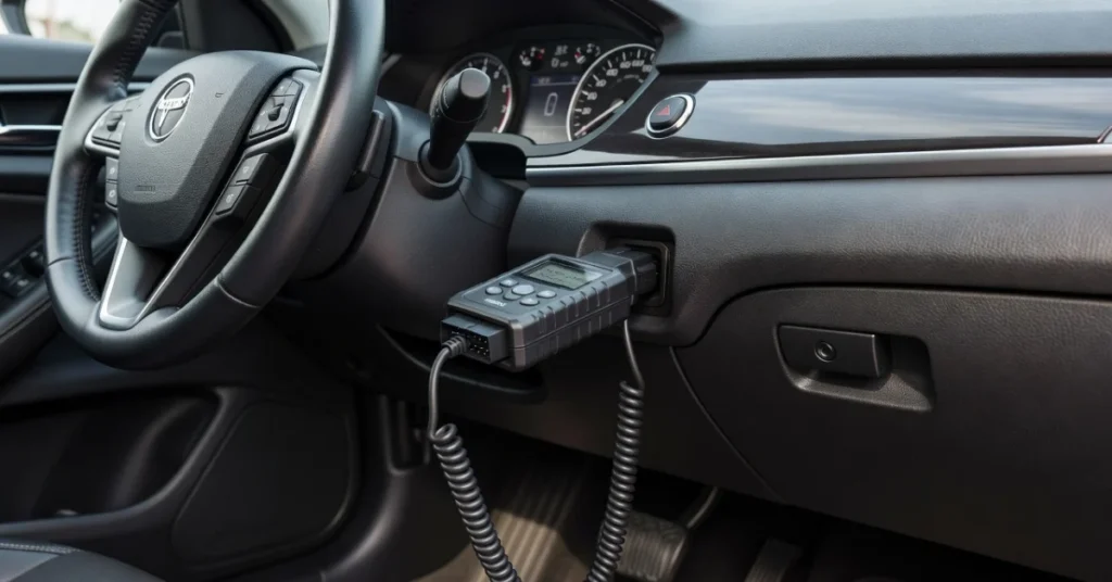 OBD-II scanner plugged into car dashboard for diagnostic trouble codes
