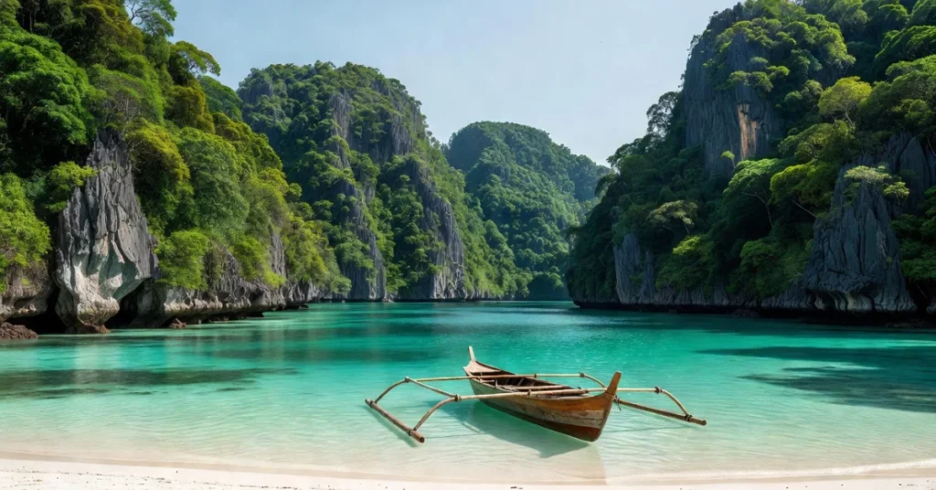 Wooden boat in turquoise lagoon with limestone cliffs, Palawan Philippines