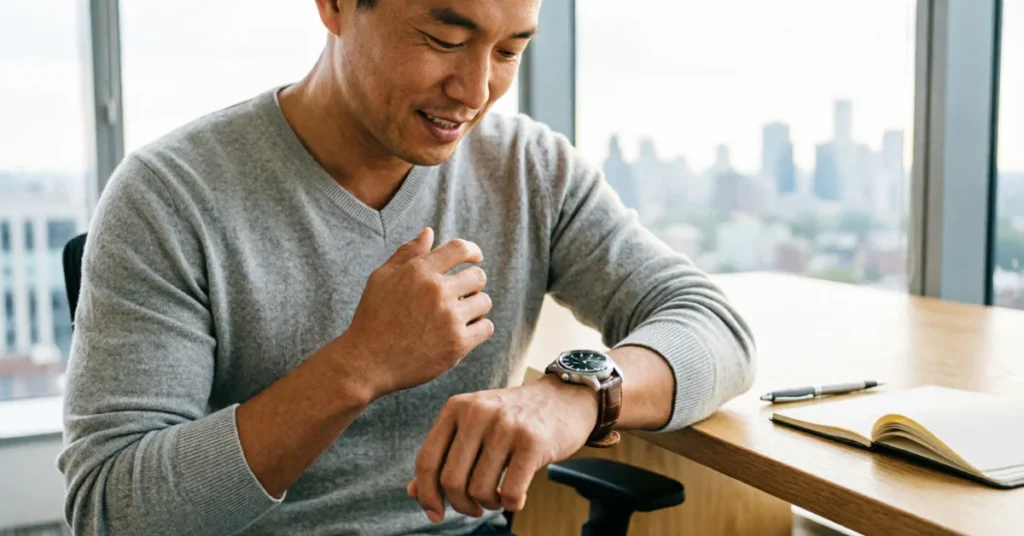 Man checking automatic watch with leather strap in casual everyday setting