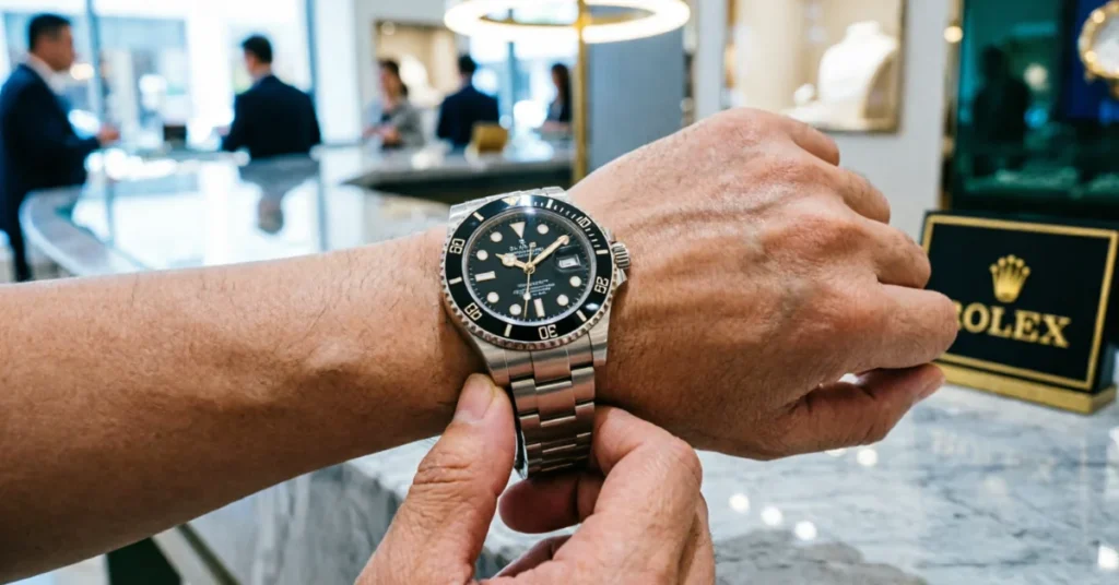 Customer trying on luxury watch in authorized dealer boutique