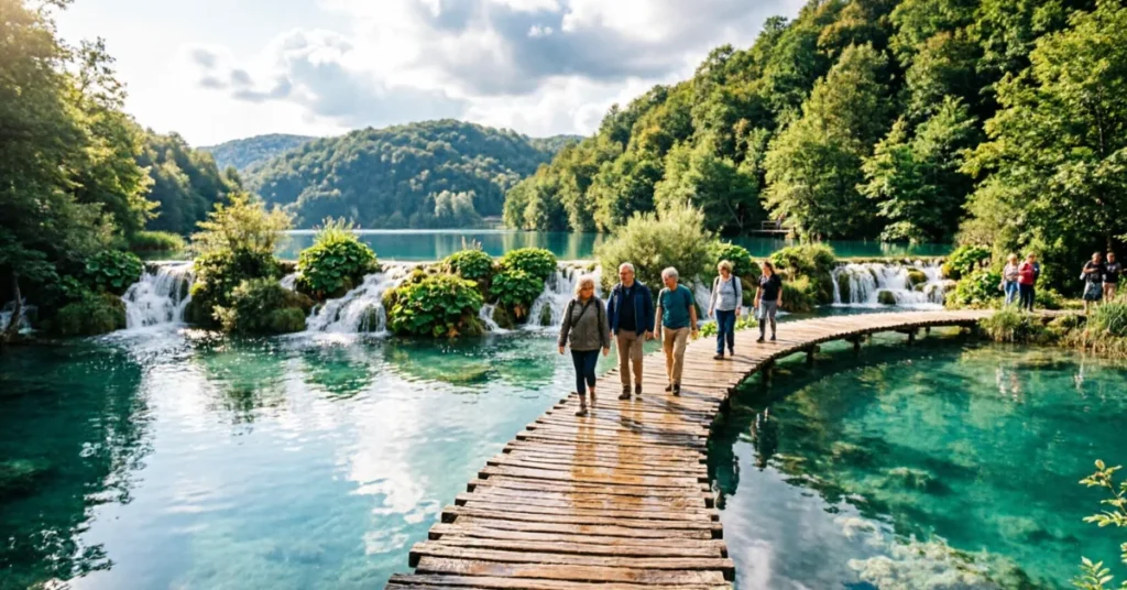 Visitors walking wooden boardwalk over turquoise lakes at Plitvice National Park