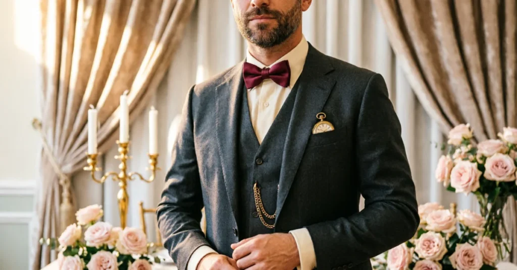 Formal waistcoat with pocket watch chain, classic wedding attire, elegant three-piece suit