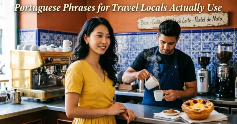 Female traveler ordering coffee at traditional Lisbon café - young woman in yellow dress talking with Portuguese barista, menu board in Portuguese with azulejo tiles - Portuguese Phrases for Travel Locals Actually Use
