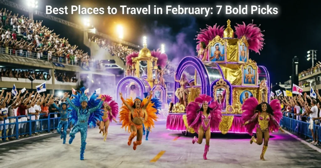 Rio Carnival night parade with colorful costumed dancers and illuminated floats at Sambadrome