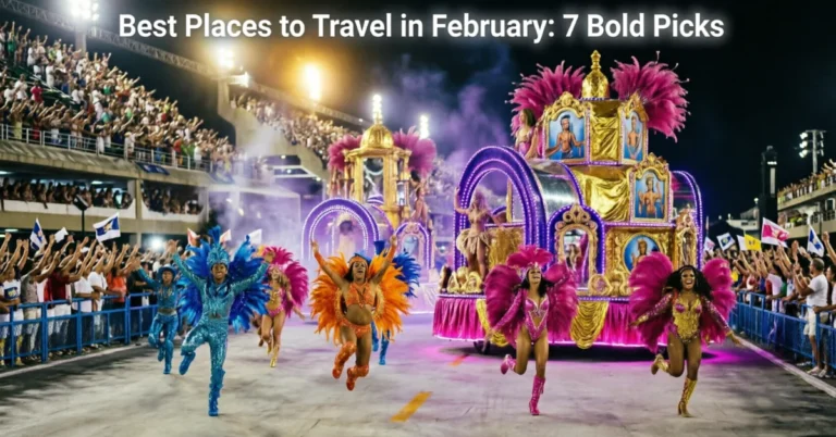 Rio Carnival night parade with colorful costumed dancers and illuminated floats at Sambadrome