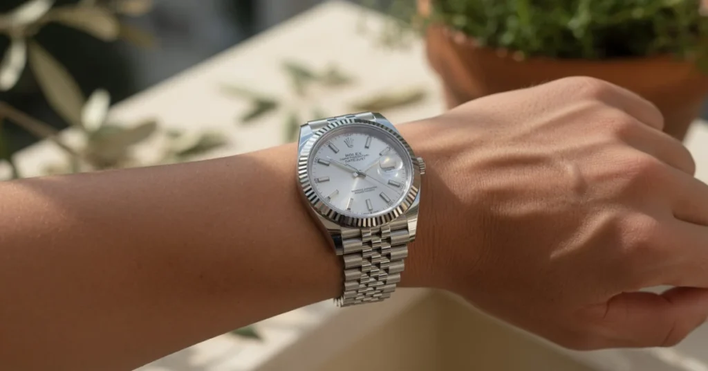 Rolex Datejust watch with fluted bezel and Jubilee bracelet worn on wrist in natural daylight