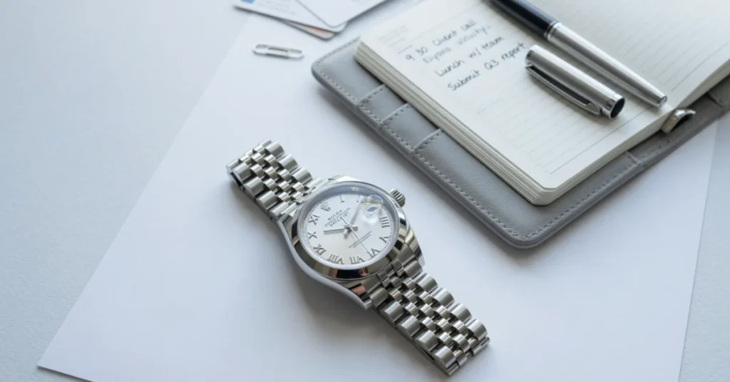 Steel Rolex Lady-Datejust watch on marble desk beside notebook and pen