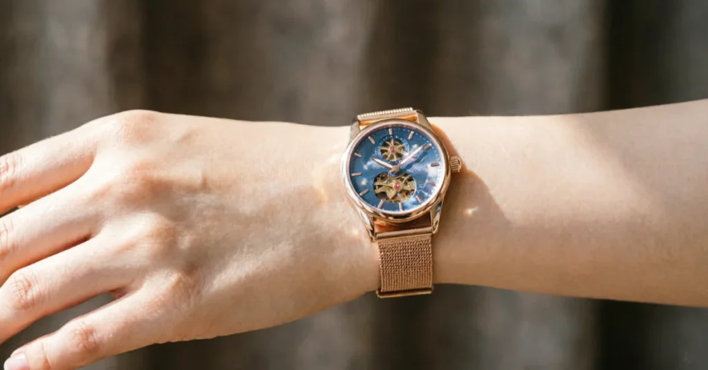 Rose gold dress watch with white dial, Roman numerals, and blue hands on brown leather strap