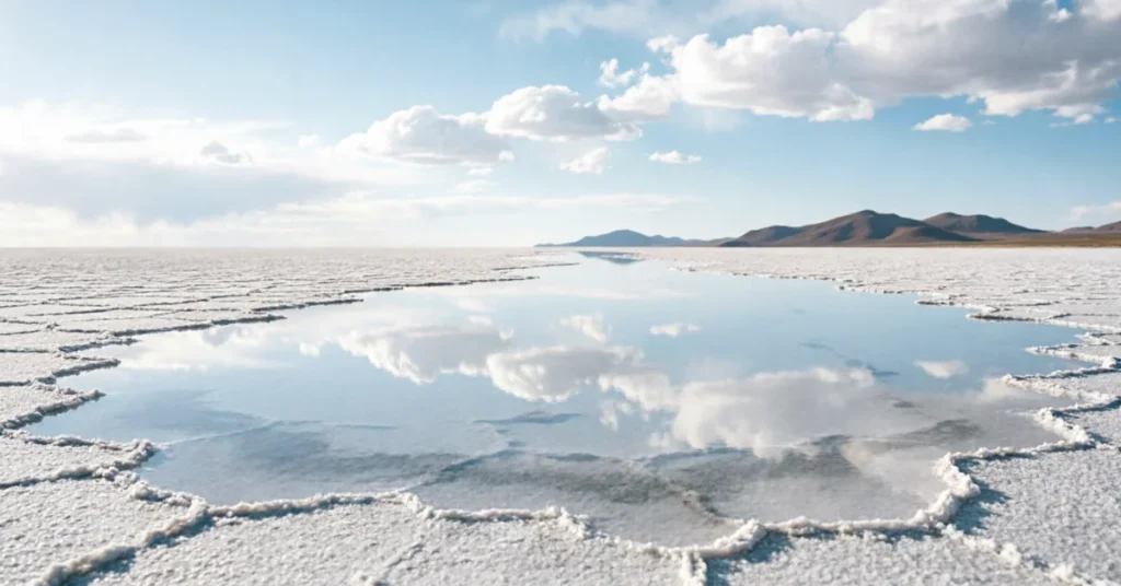 Salar de Uyuni salt flat in Bolivia showing hexagonal salt crust patterns with cloud reflections in shallow water pools during rainy season