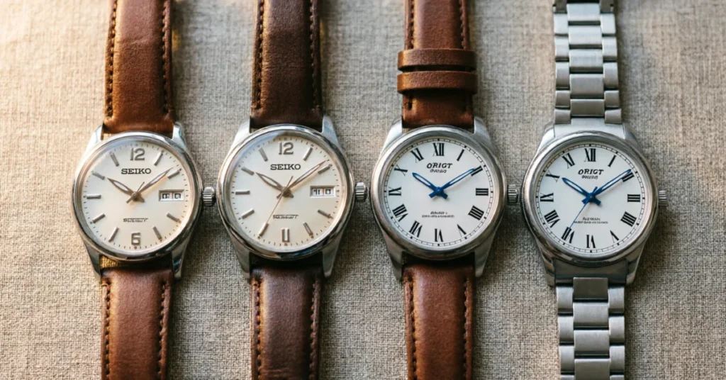 Seiko and Orient automatic watches flat lay showing brown leather straps and steel cases on neutral background