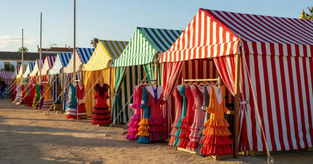 Colorful striped casetas with flamenco dresses at Seville's Feria de Abril festival