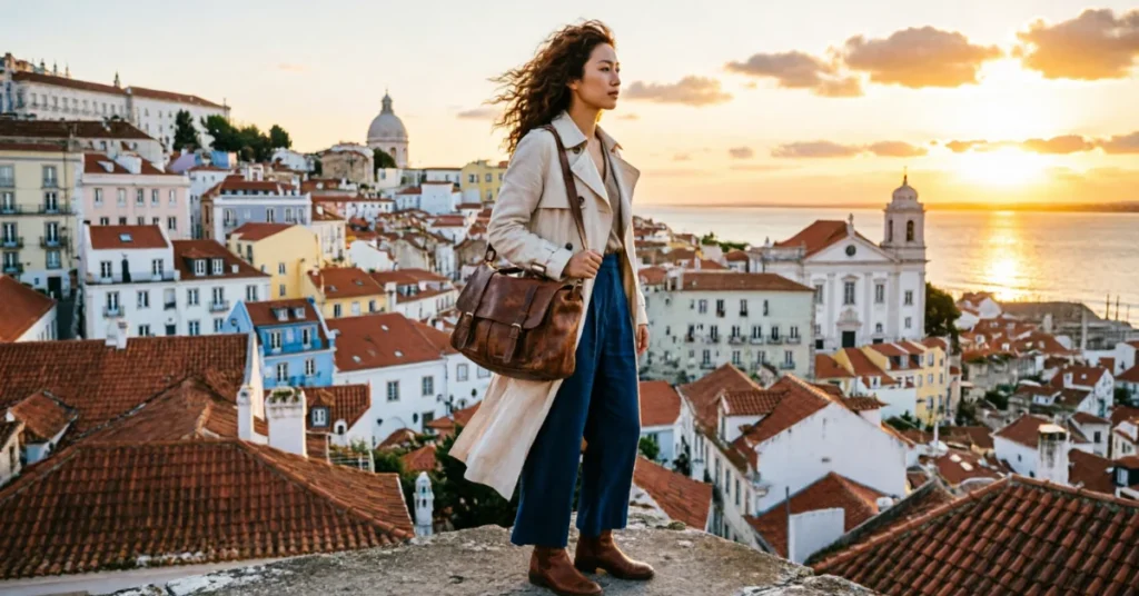 Female solo traveler at Lisbon miradouro viewpoint overlooking city at sunset