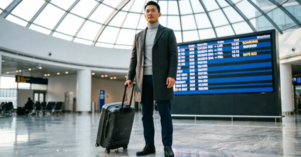 Asian solo traveler in coat standing with suitcase beneath digital departure board showing boarding gates in modern airport