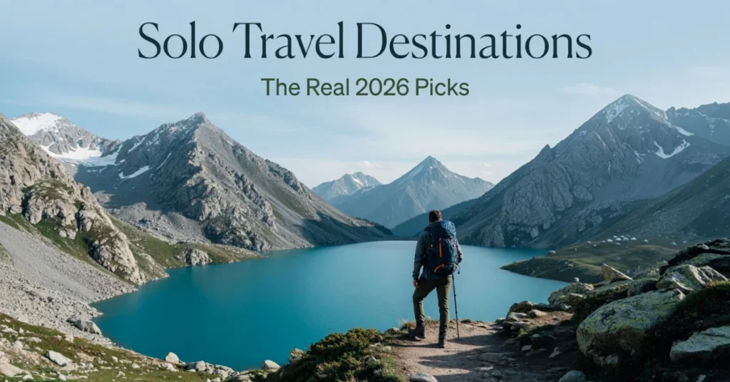 Solo hiker with backpack overlooking turquoise alpine lake surrounded by mountains in Kyrgyzstan