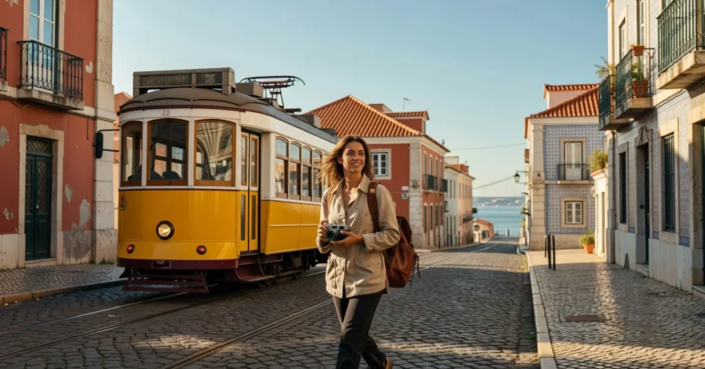 Female solo traveler with camera standing in front of iconic yellow tram on Lisbon cobblestone street