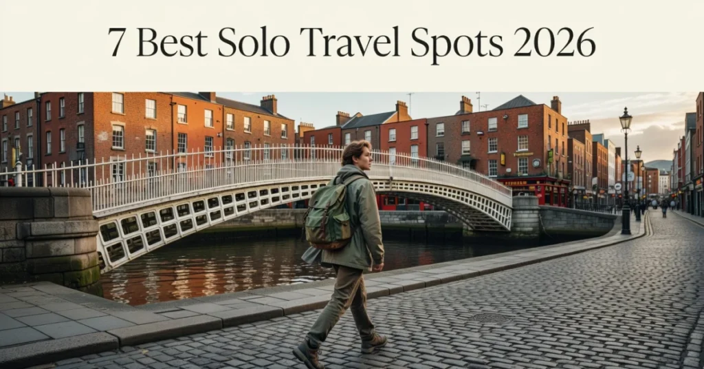 Female solo traveler exploring Dublin's historic streets with Ha'penny Bridge in background