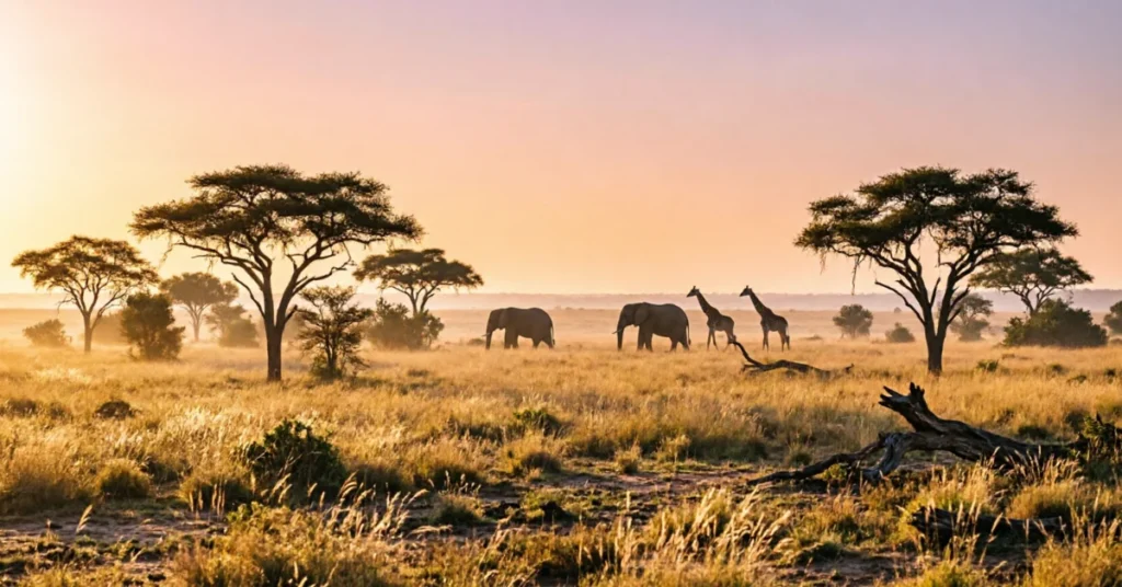 Sunrise over South African savanna with elephants and giraffes