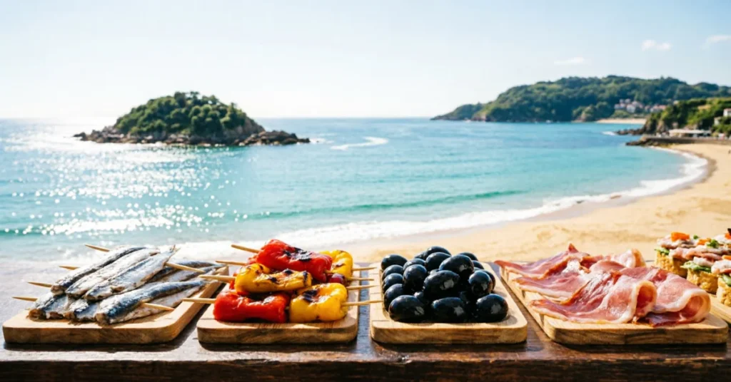 Spanish tapas boards with a scenic sunny beach and ocean view