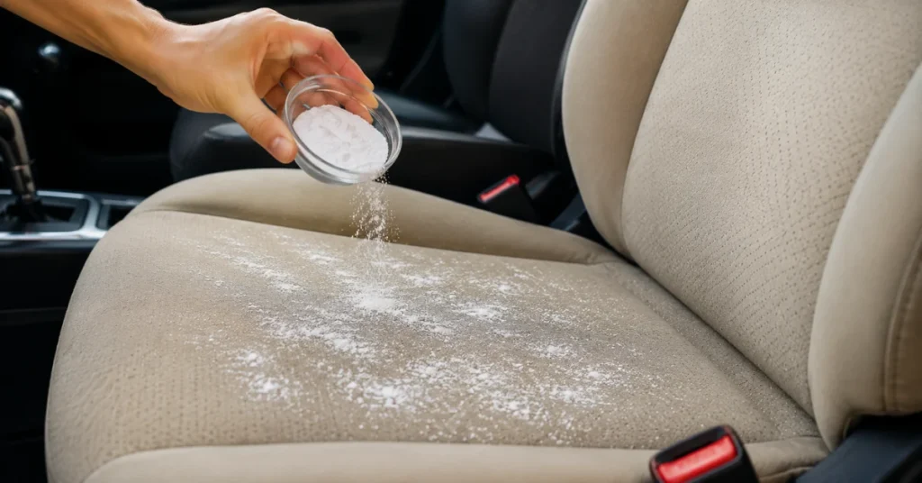 Hand sprinkling baking soda from a glass bowl onto a beige fabric car seat to neutralize odors.