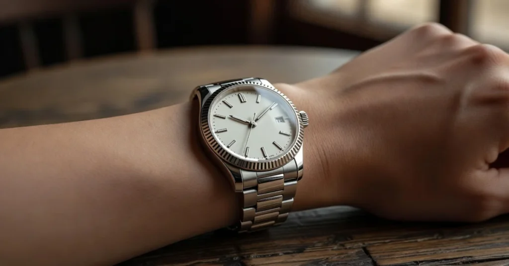 Steel Swiss watch with fluted bezel and white dial on wrist