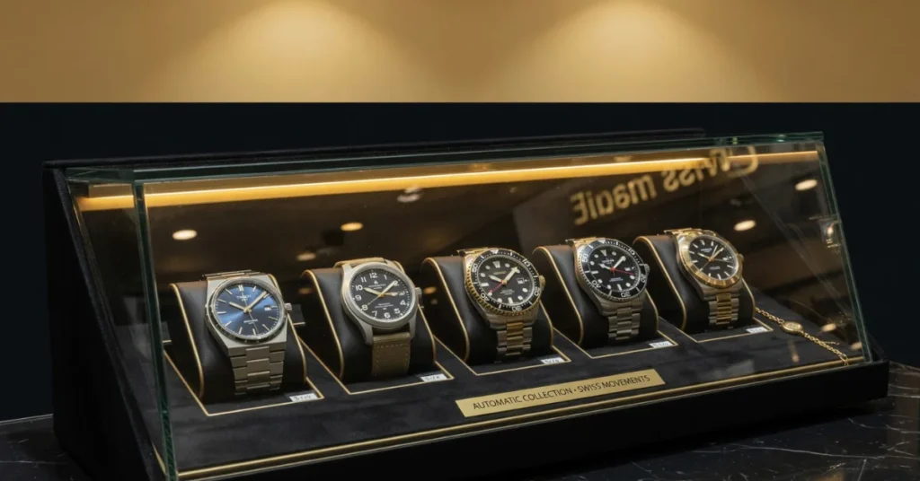 Swiss automatic watches from Tissot, Hamilton, and Certina in boutique display case