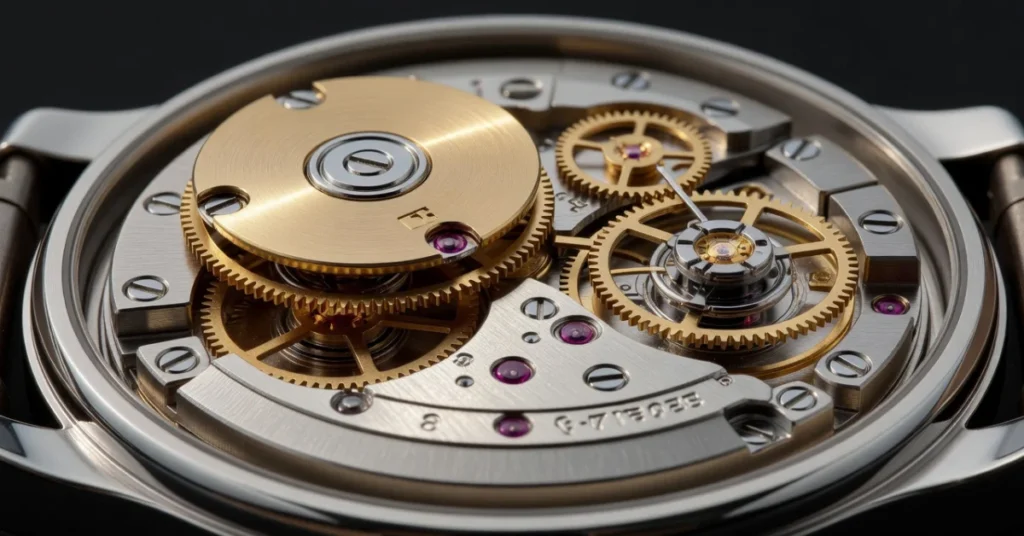 Swiss automatic watch movement with gold rotor, gears, and jewels visible through case back