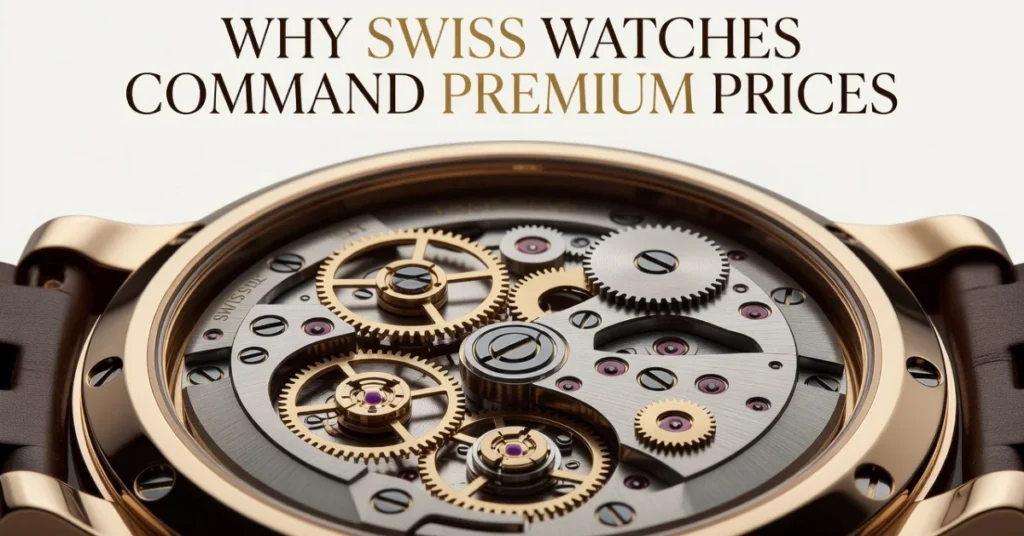 Rose gold Swiss watch showing mechanical movement with gold gears and ruby jewels