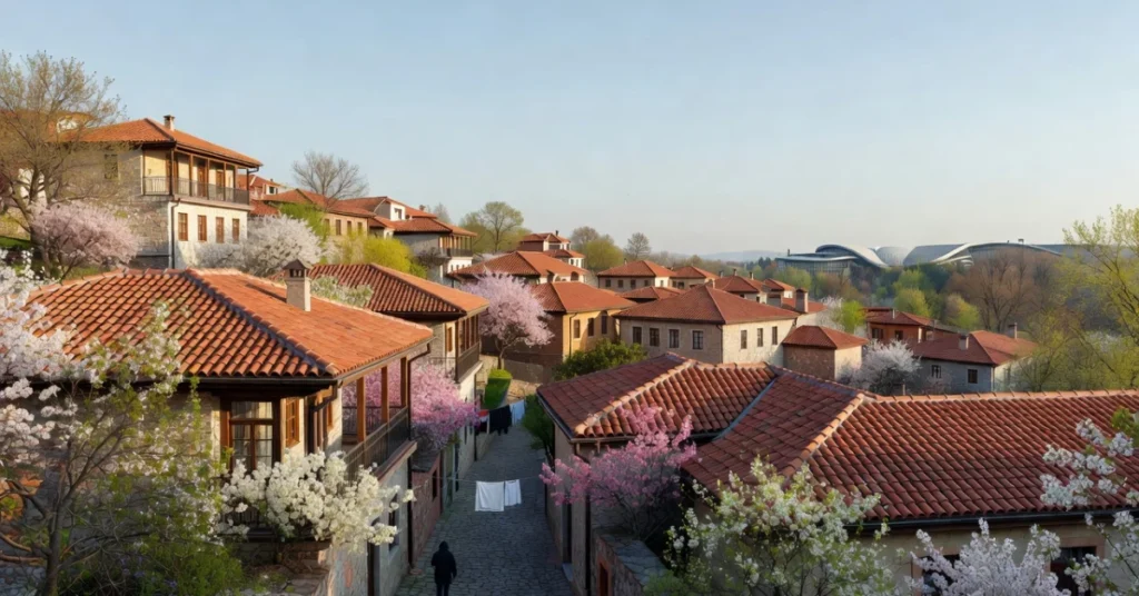 Cobblestone street with cherry blossoms and red-tiled roofs in Tbilisi's historic old town