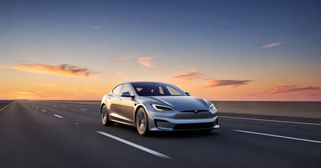 Silver Tesla Model S driving on open highway at sunset
