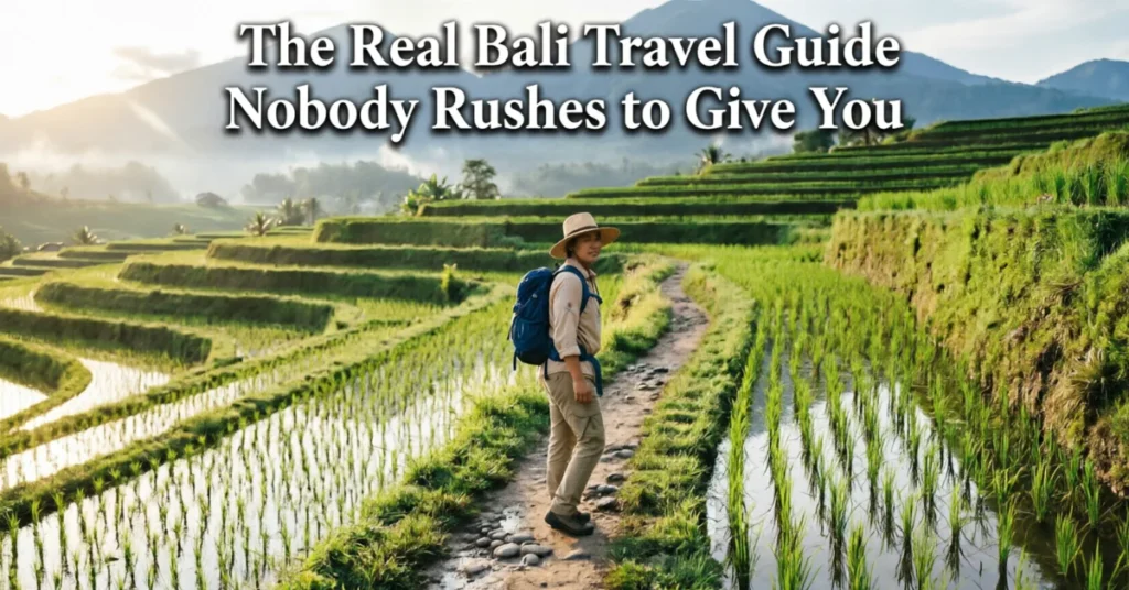 Bali travel guide - Traveler at Jatiluwih rice terrace sunrise - authentic Bali travel tips
