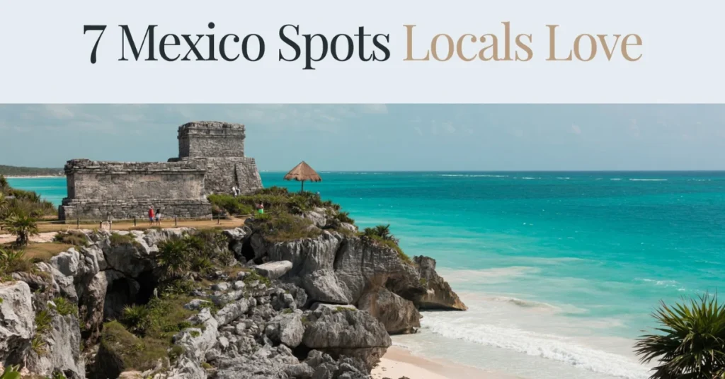 Tulum Mayan ruins on clifftop overlooking turquoise Caribbean Sea with tropical vegetation