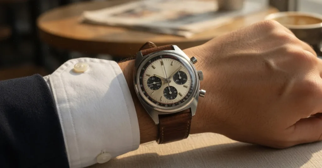 Vintage-style chronograph watch with cream dial and brown leather strap worn with dress shirt cuff
