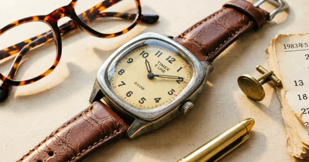 Vintage 1980s Timex E Line automatic watch with square TV case, aged cream dial, brown leather strap on flat lay with retro accessories