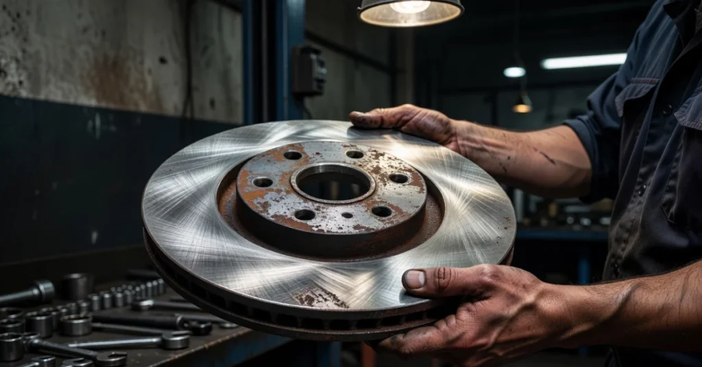 Mechanic inspecting warped brake rotor under overhead light