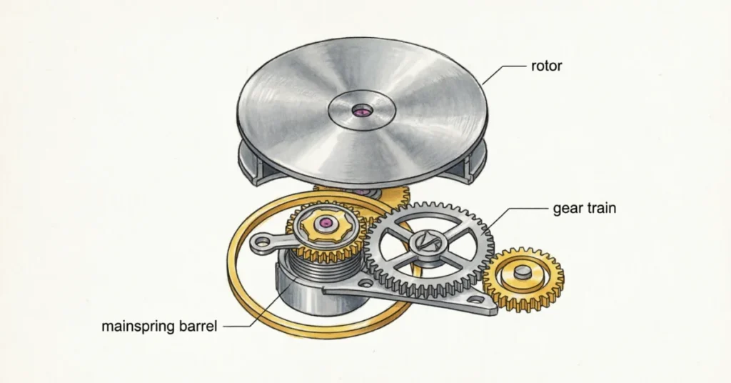 Automatic watch movement diagram - rotor, mainspring and gear train components labeled - educational illustration