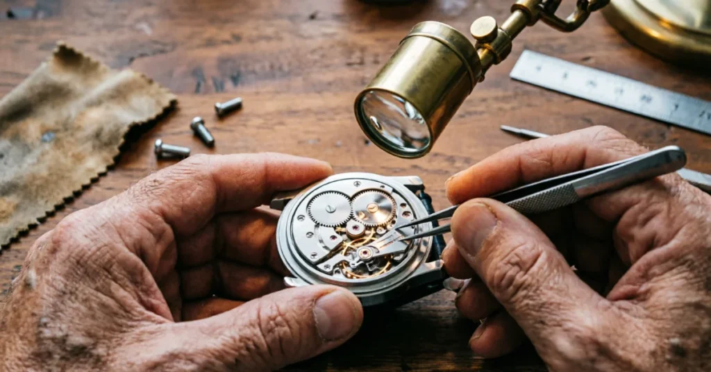 Master watchmaker working on mechanical watch movement with vintage loupe