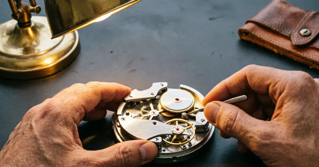 Close-up of watchmaker's hands working on exposed watch movement with brass lamp lighting