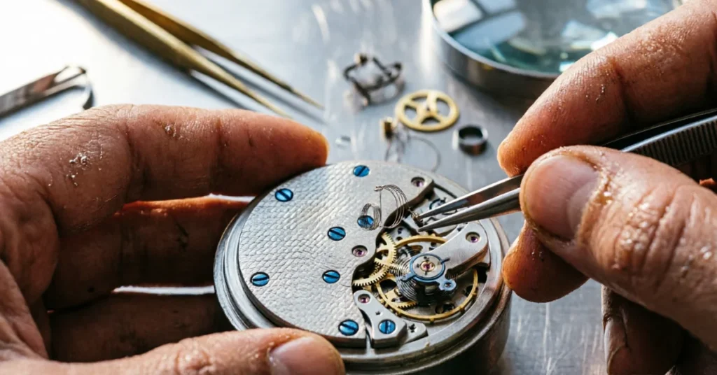 Watchmaker's hands assembling mechanical watch movement with blue screws using precision tweezers
