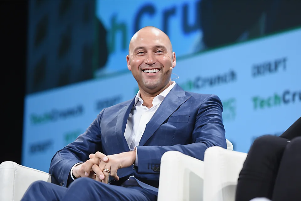Derek Jeter at TechCrunch conference in blue suit, showing post-Marlins business activities