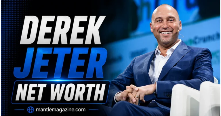 Derek Jeter net worth featured image - Former Yankees star in blue suit representing $200-250 million fortune from playing career and Marlins ownership