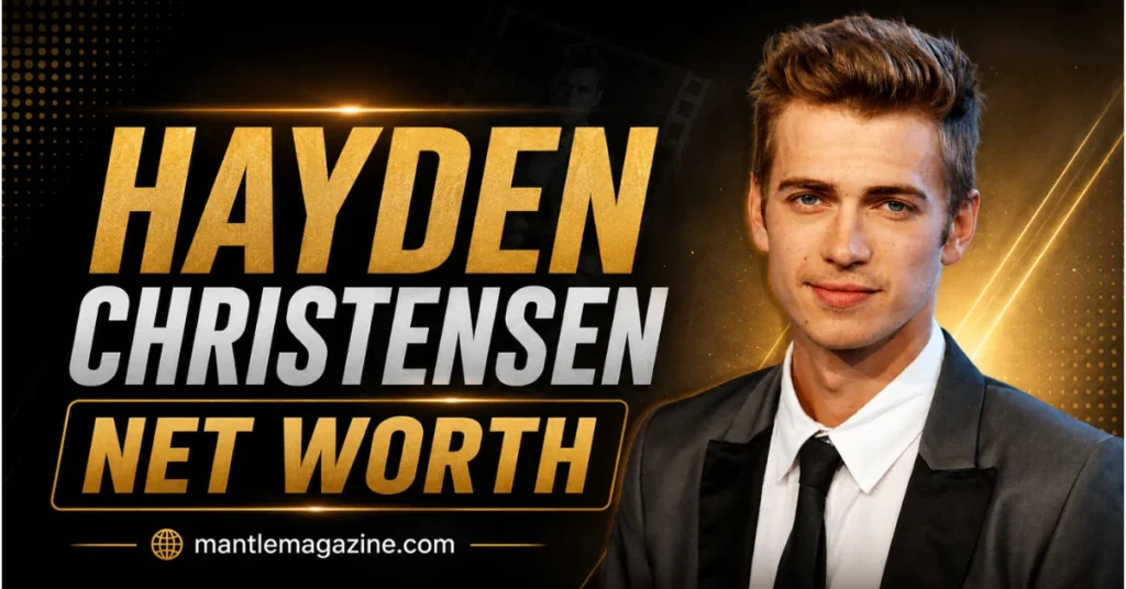 Hayden Christensen net worth — Star Wars actor in a black suit beside gold headline text, mantlemagazine.com