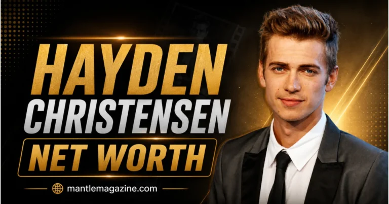 Hayden Christensen net worth — Star Wars actor in a black suit beside gold headline text, mantlemagazine.com