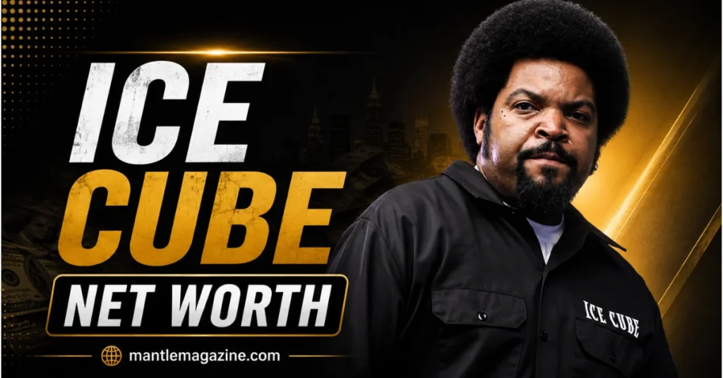 "Ice Cube net worth featured image - Rapper and actor Ice Cube in black shirt against gold and black background with cityscape, representing his $160-190 million fortune from BIG3 league, Friday franchise, and music career"