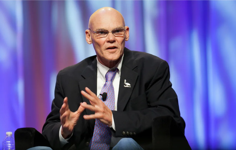 "James Carville at speaking engagement - Democratic consultant and CNN commentator presenting at conference, author of 2024 CNN Films documentary"