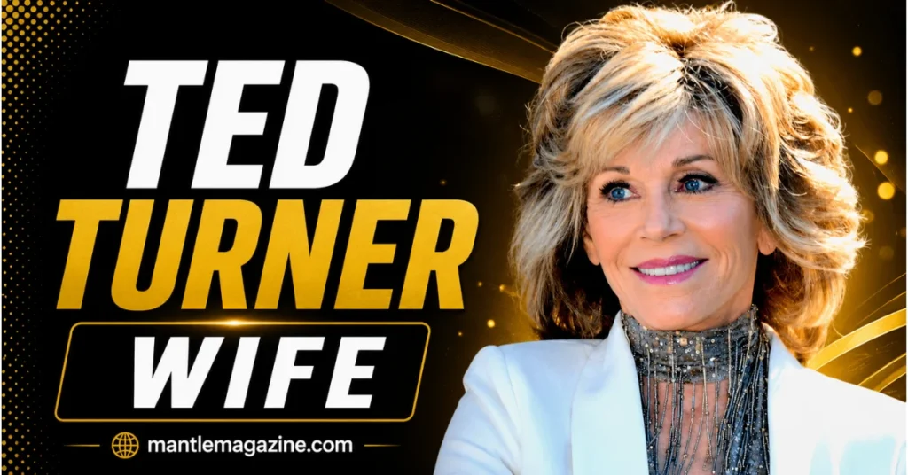 Jane Fonda, Ted Turner's most famous wife, smiling in a white blazer — Mantle Magazine featured graphic