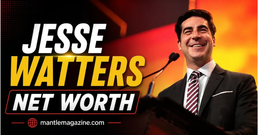 Jesse Watters speaking at a podium in a dark suit