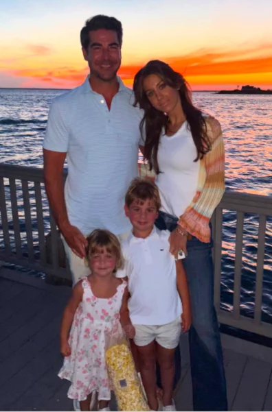 Jesse Watters with wife Emma Watters and their two children in a sunset family photo — Photo: Emma Watters via Instagram